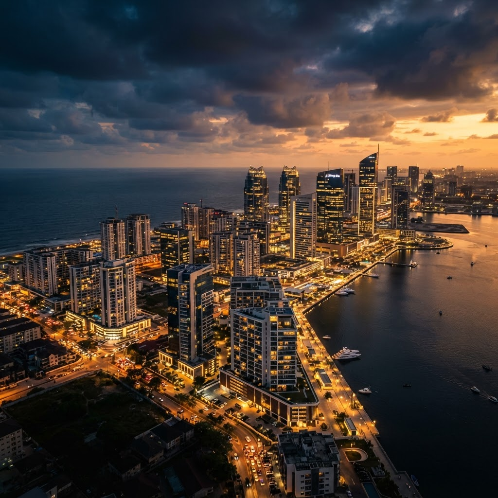 Lagos waterfront skyline at golden dusk